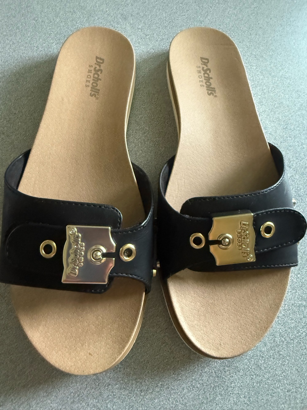 Dr. Scholl's Black Slide Sandals with Tan Footbed and Gold Accents - Picture 2 of 8